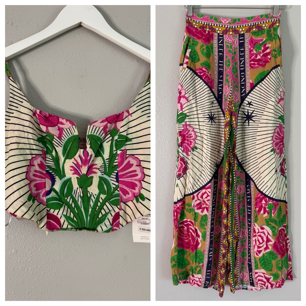 Maaji NWT $320 Floral Linen Blend Multi-Way Crop Top Wide Leg Pants Set M